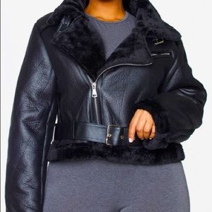 Plus size black cropped belted aviator jacket